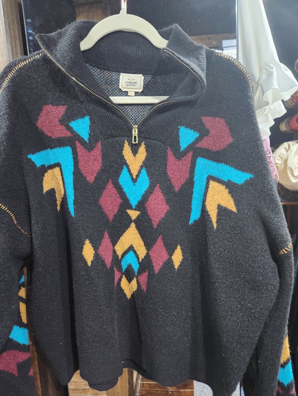 Sterling And Stitch Blk Geometric Half-Zip Sweater.